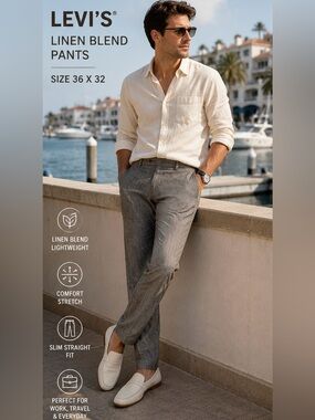 Levi’s Linen Blend Pants Men 36x32 Gray Slim Straight Casual Lightweight